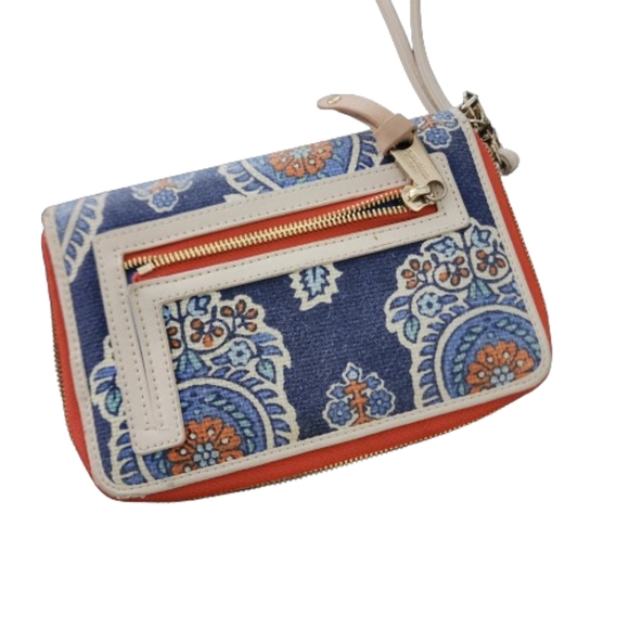 Spartina 449 Phone Wristlet Wallet Leather & Linen blue and orange 7.5"L - Picture 1 of 7